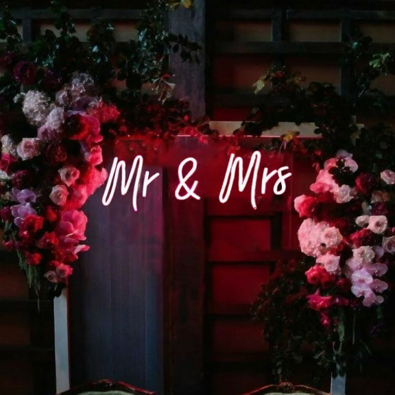 Mr. & Mrs. Pink Neon Sign Decorative Wedding Clear Acrylic Backed Hanging or Mounted Decor (Pink)