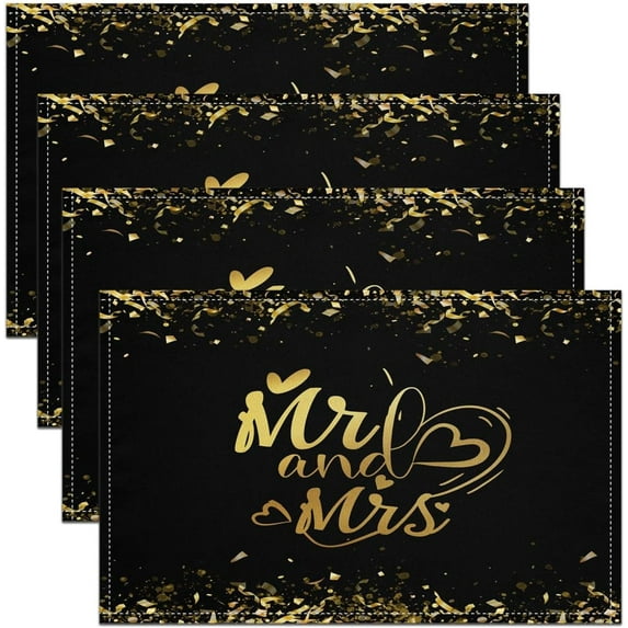 Mr and Mrs Placemats Set of 4 12"x18" Kids Black and Golden Glitter Placemats for Dining Table Kitchen Romantic Table Mats Placemat Gifts for Couple Decor Table Place Mats(No Glitter)