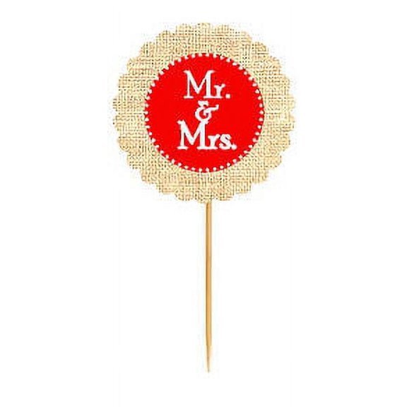Mr & Mrs Red Rustic Burlap Wedding Cupcake Decoration Topper Food Picks