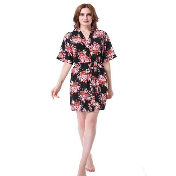 Mr & Mrs Right Women Floral Cotton Robe Bride Bridesmaid Getting Ready Coverup Gift,Black S