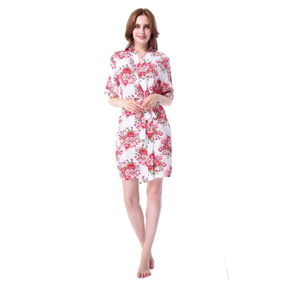 Mr & Mrs Right Women Floral Cotton Robe Bride Bridesmaid Getting Ready Coverup Gift,White XS