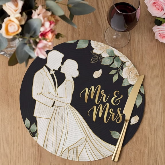 Mr Mrs Round Braided Placemats Set of 2, Anniversary Wedding Bride and Groom Silhouette Heat Insulation Place Mats Washable Non-Slip Table Mats for Kitchen Dining Party, 13 Inches
