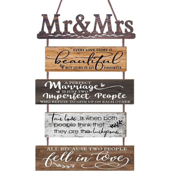 Mr & Mrs Rustic Wall Collage Sign with Panels Strung Together - Marriage Wedding Engaged Anniversary Shower Farmhouse Distressed Wall Decor - Gifts for Wife Husband Couples