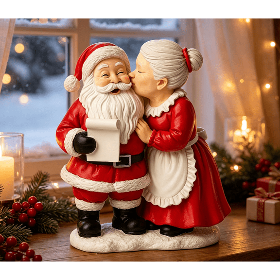 Mr. & Mrs. Santa Claus Resin Figurines – Painted Christmas Decorations Couple Kissing Pose Vintage Red & White Holiday Mantel Tabletop Décor 5.9 Inch