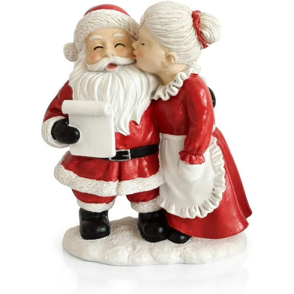 Mr. & Mrs. Santa Claus Resin Figurines Set of 2 – Hand-Painted Christmas Decorations Couple Kissing Pose Vintage Red & White Holiday Mantel Tabletop Décor (Red Santa Couple)