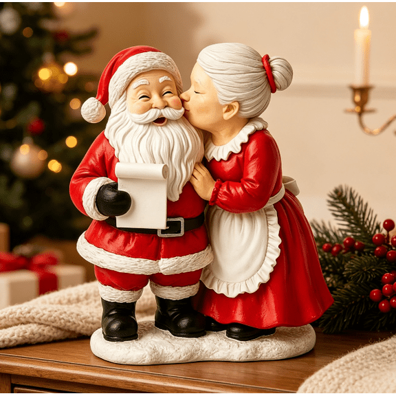 Mr. & Mrs. Santa Resin Figurines, Hand-Painted Christmas Decorations, Red and White, Kissing , Holiday Mantel Tabletop Décor, Christmas Birthday Gifts