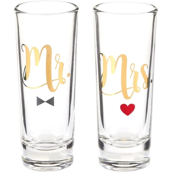 Mr & Mrs Shot Glasses - 2-Pack Clear 2 Oz Stemless - Bride & Groom Shot Glasses Set