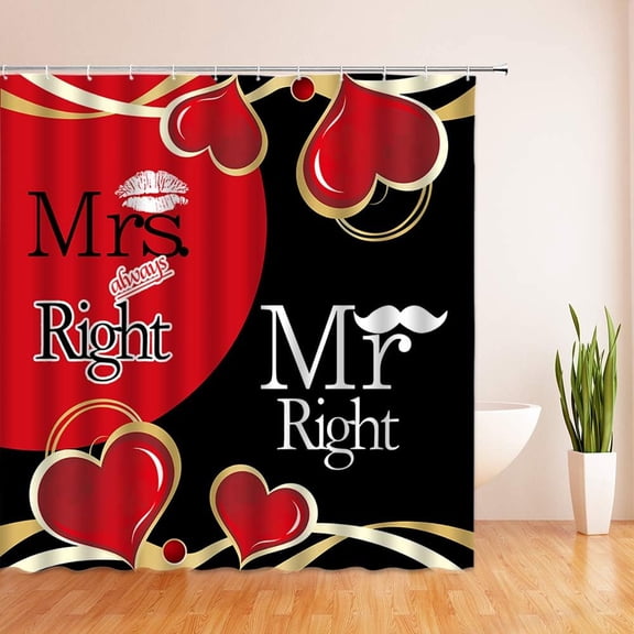 Mr Mrs Shower Curtain Valentines Funny Quote Mr Right Mrs Always Right Sexy Black Red Love Lip Romance Geometry Stripe Patchwork Valentine Day Fabric Bathroom Curtain Set 72"WX72"H…
