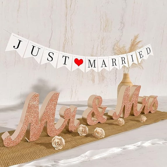 Mr and Mrs Sign & Just Married Banner,Mr & Mrs Signs for Wedding Table,Large Wooden Letters for Sweetheart Table,Photo Props Wedding Decorations for Anniversary