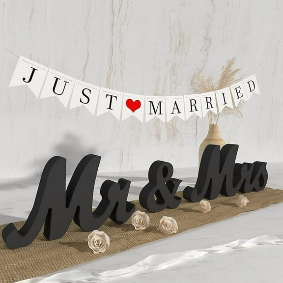 Mr and Mrs Sign & Just Married Banner,Mr & Mrs Signs for Wedding Table,Large Wooden Letters for Sweetheart Table,Photo Props Wedding Decorations for Anniversary
