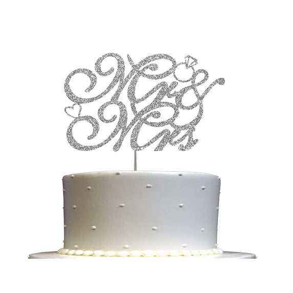 Mr & Mrs Silver Glitter Cake Topper, Wedding Party Decorations Ideas, Anniversary, Sturdy Doubled Sided Glitter, Acrylic Stick. Made in USA