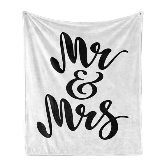 Mr Mrs Soft Flannel Fleece Throw Blanket, Hand Drawn Brush Pen Lettering Design Curved and Swirled Lines Monochrome Words, Cozy Plush for Indoor and Outdoor Use, 50" x 60", Black White, by Ambesonne
