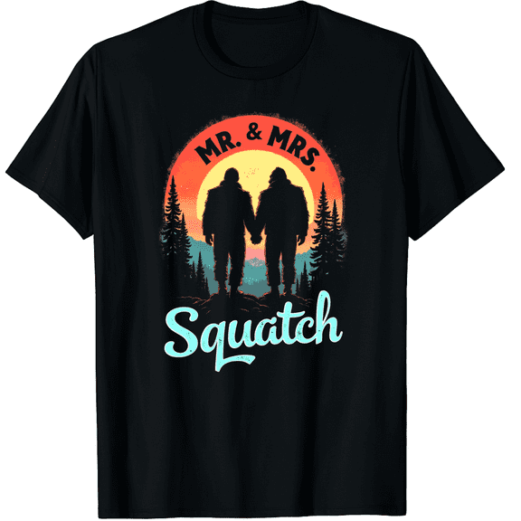Mr Mrs Squatch Husband Wife Matching Bigfoot Funny Wedding Graphic Black T-Shirt for Men and Women
