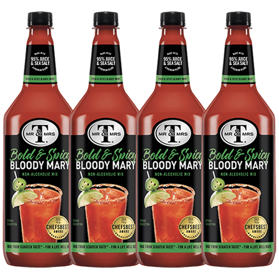 Mr & Mrs T Bold & Spicy Bloody Mary Mix, 1L Bottle, 4 Pack – Premium Cocktail Mixer for Spicy Bloody Marys, Ready to Use