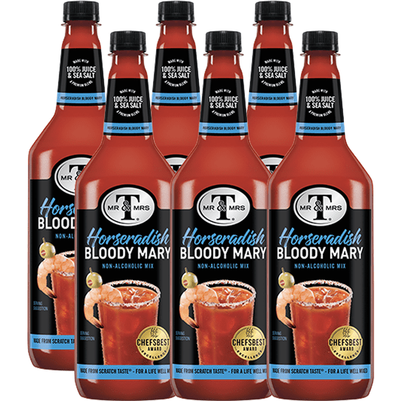 Mr & Mrs T Horseradish Bloody Mary Mix, 1L Bottle, 6 Pack Premium Cocktail Mixer for Spicy Bloody Marys, Ready to Use