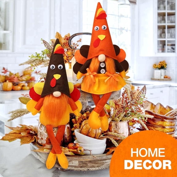 2-Pack Thanksgiving Turkey Gnome Plush Decorations, Handmade Mr. & Mrs. Scandinavian Fall Gnomes for Tiered Tray, Tabletop, Home Decor & Housewarming Gift