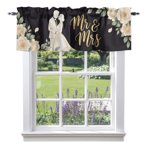 Mr Mrs Valances for Windows Anniversary Wedding Bride and Groom Silhouette Rod Pocket Light Filtering Short Window Treatments Curtains for Kitchen Bathroom Living Room Bedroom, 1 Panel, 42 x 12 Inch