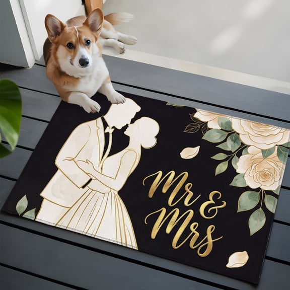 Mr Mrs Washable Entry Rug 2x3 Anniversary Wedding Bride and Groom Silhouette Low Pile Indoor Door Mat with Rubber Backing Thin Area Rug for for Entrance, Bedroom, Kitchen, Laundry, Bathroom
