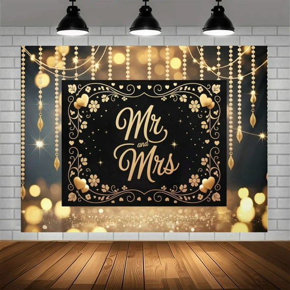 Mr & Mrs Wedding Backdrop Black and Gold Sparkling Bridal Shower Photography Background Golden Floral Heart Tassels Bride to Be Couple Engagement Party Decorations Banner Supplies Photo Booth Props