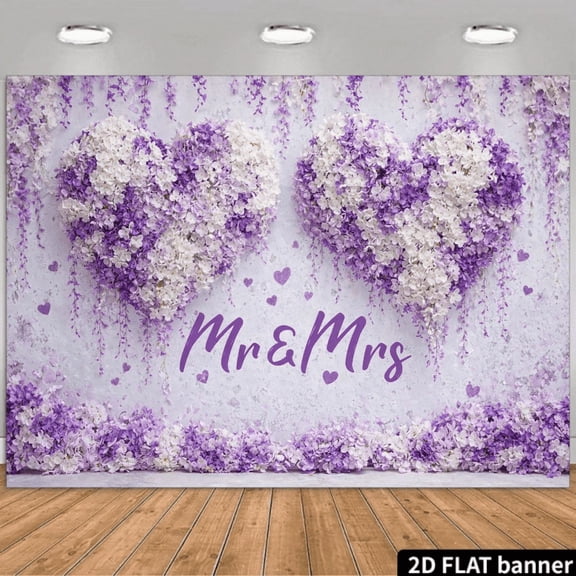 Mr and Mrs Wedding Backdrop Romantic Light Purple Floral Bridal Shower Background Purple White Wisteria Heart Engagement Bride to Be Anniversary Party Decorations Banner Photo Booth Props