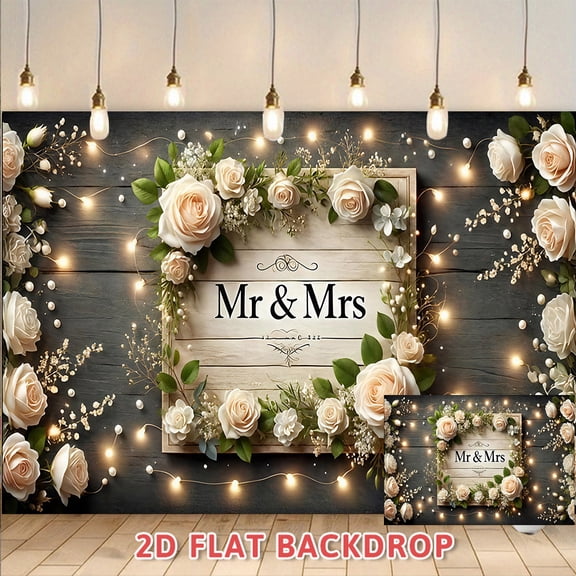 Mr & Mrs Wedding Backdrop Rustic Wood Floral Bridal Shower Background with String Lights for Engagement Party Reception Anniversary Photo Booth Decorations 2D Flat Photography Banner
