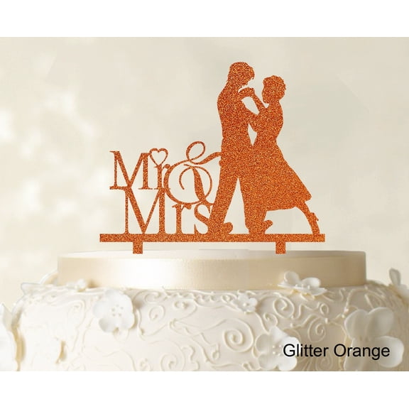 "Mr & Mrs Wedding Cake Topper Personalized Glitter Orange Cake Topper Color Option Available 5""-7"" Inches Wide"