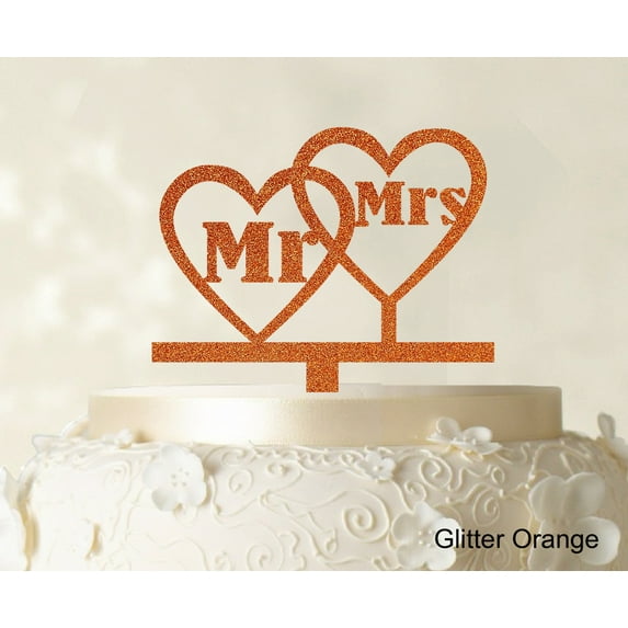 "Mr & Mrs Wedding Cake Topper Personalized Glitter Orange Cake Topper Color Option Available 6.5""-7.5"" Inches Wide"