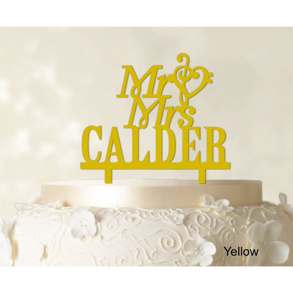"Mr & Mrs Wedding Cake Topper Personalized Yellow Cake Topper Color Option Available 5""-7"" Inches Wide"