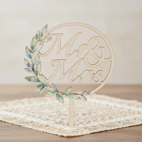 Mr & Mrs Wedding Cake Topper with Leaves Wooden Cake Decoration