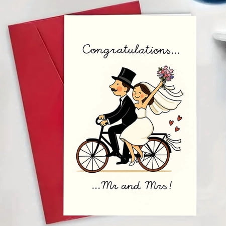 Mr and Mrs Wedding Card – Cute Bicycle Design – Congratulations Greeting Card with Envelope – Perfect for Newlyweds, Bridal Shower, Engagement, or Wedding Announcements