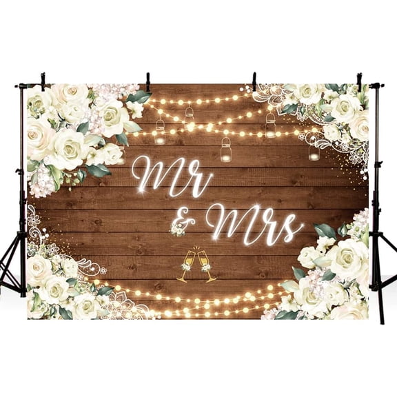 Mr & Mrs White Floral Wedding Backdrop, Rustic Wood Photo Background for Engagement, Bridal Shower Anniversary Reception Photo Booth Banner 3x5 ft