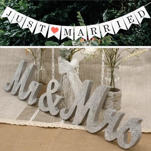 Mr & Mrs Wooden Letters for Wedding Table, Just Married Banner and Mr. and Ms. Wedding Decoration, Mister and Miss Wood Sign, Mr and Ms Wedding Present (Silver)