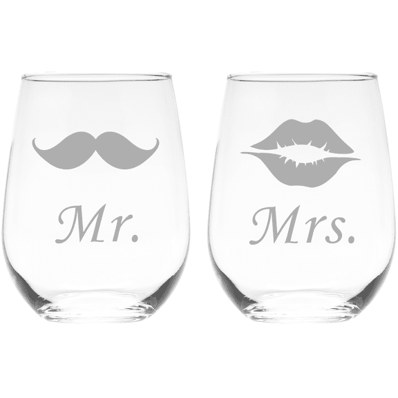 C&M Personal Gifts 17 oz. Mr. Mustache and Mrs. Lips Stemless Wine Glass Set Wedding Anniversary Engagement Couple Gifts - 2 Pieces
