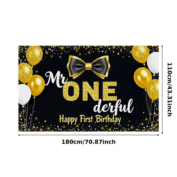 Mr ONEderful Happy First Birthday Banner Black Gold Bow Balloon Decoration Backdrop Party Supplies Photography Props Celebration Events