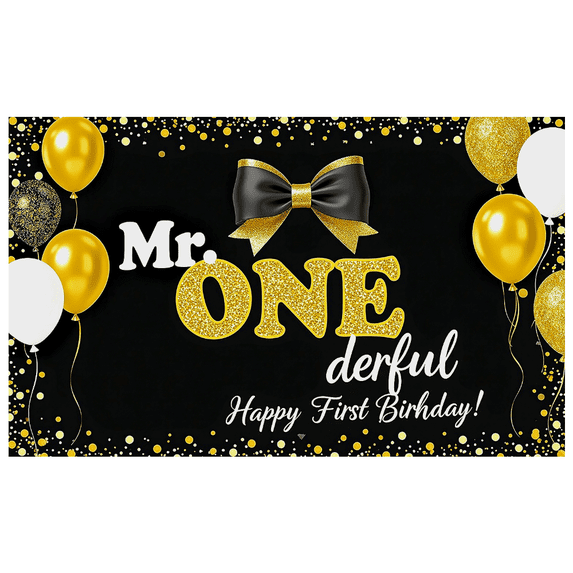 Mr ONEderful Happy First Birthday Banner Black Gold Bow Balloon Decoration Backdrop Party Supplies Photography Props Celebration Events