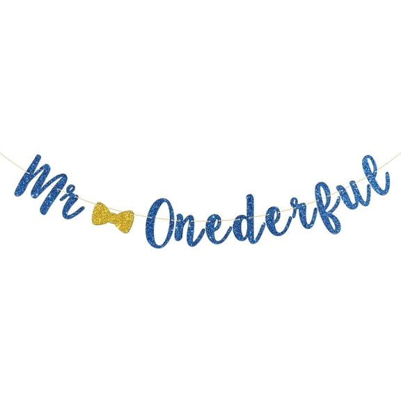 Mr Onderful Birthday Banner, Baby Boy's First Birthday, Sweet One, Baby Shower, Prince 1st Bday Party Decorations Supplies (Blue Glitter)