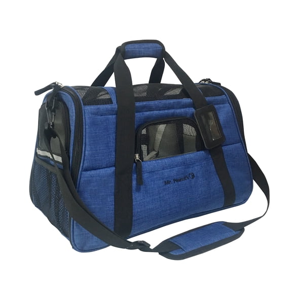 Mr. Peanut's Airline Approved Soft Sided Pet Carrier, two-tone luxury travel tote with fleece bedding, under seat compatibility, perfect for cats and small dogs (deja blue)