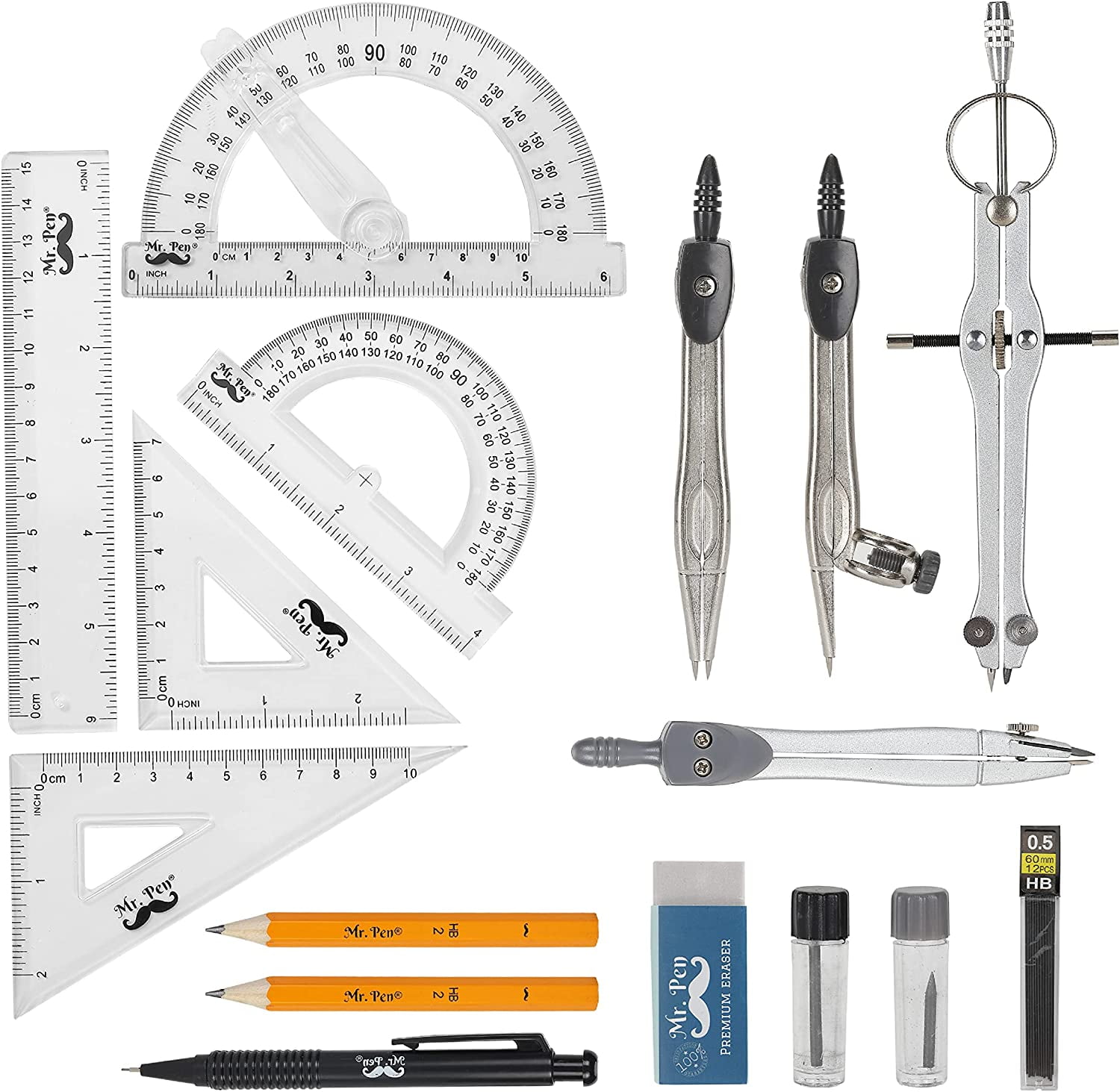 Mr. Pen- 15 Pcs Compass Set with Swing Arm Protractor (6), Geometry Set  for Students, Divider, Set Squares, Ruler, Protractor 