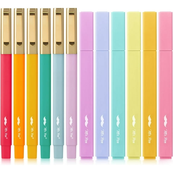 Mr. Pen- Aesthetic Highlighters and Pens No Bleed, 12 Pack, Assorted Color Bible Highlighters No Bleed, Black Ink Bible Pens