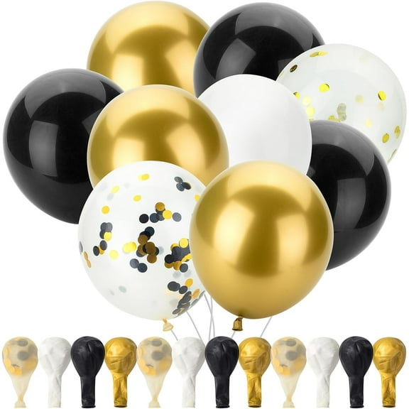 Mr. Pen- Balloons, 12 Inch, 54 Pack, Black, White and Gold balloons, Confetti for Birthday Party
