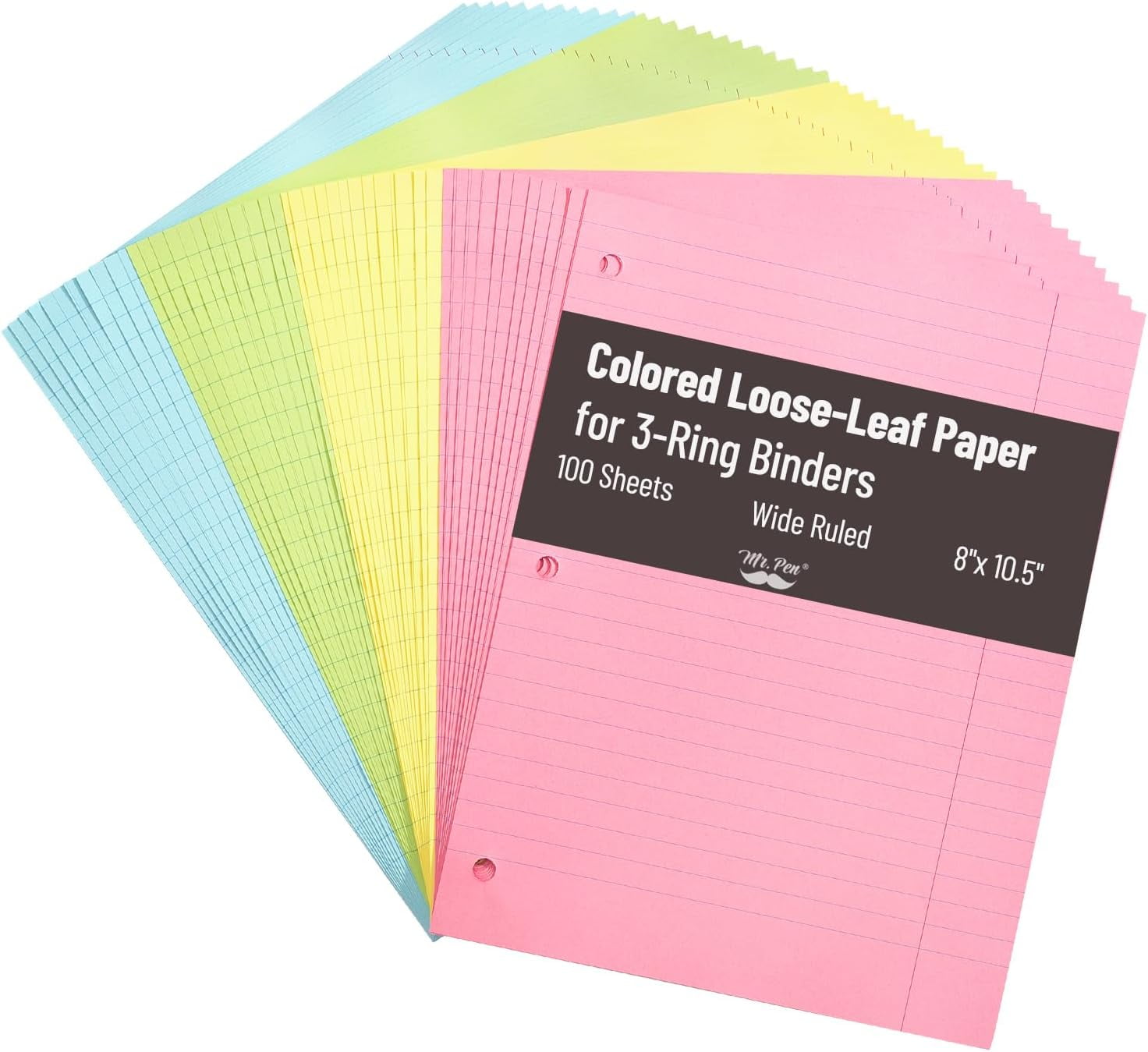 Mr. Pen- Colored Loose Leaf Paper Wide Ruled, 100 Sheets, 8 x 10.5, 3- Hole Punched, Notebook Paper