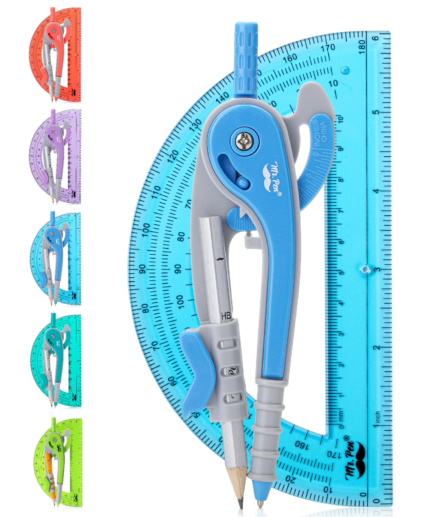 Mr. Pen Compass and Protractor Set, Blue, Compass Geometry Tool
