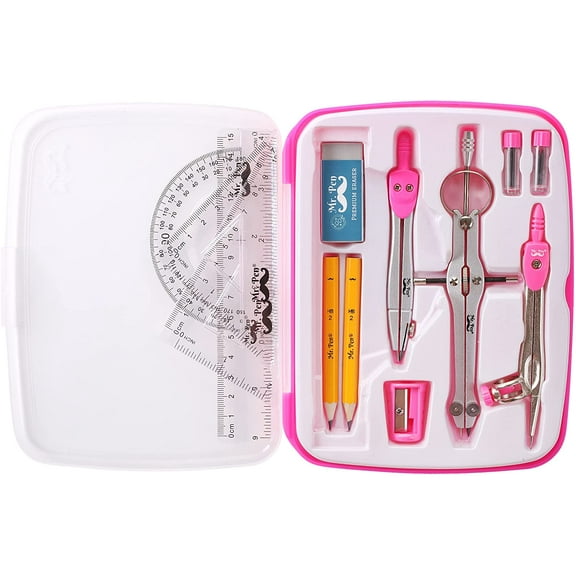 Mr. Pen Compass Set with Triangles, Ruler, Protractor, Pencils, Sharpener, Eraser, 13 Count