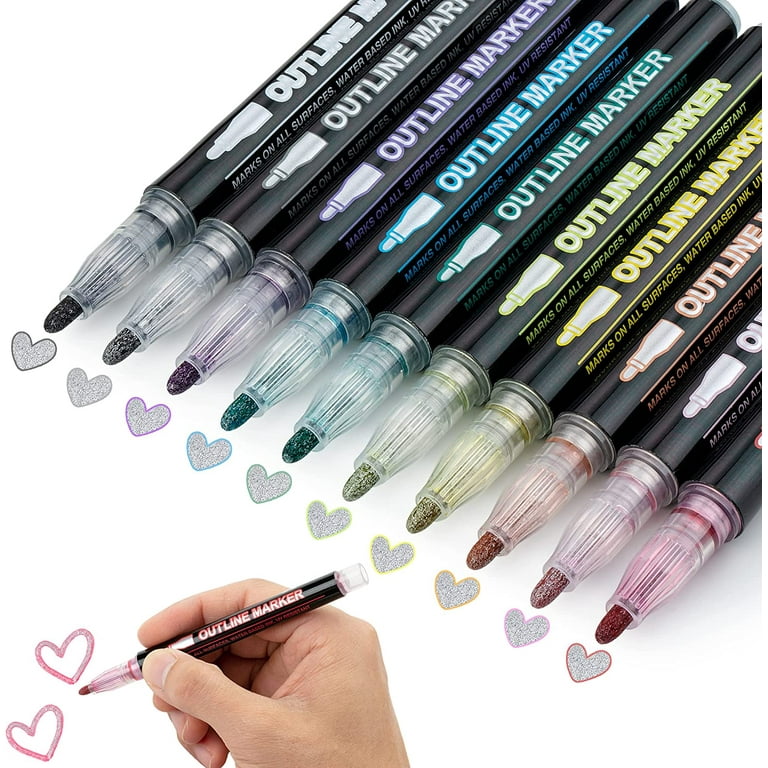 Mr. Pen- Double Line Outline Markers, 10 Colors, Shimmer Markers, Outline  Markers Self-Outline Metallic Markers for Kids