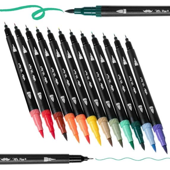 Mr. Pen- Dual Tip Brush Pens, 12 pcs, Morandi & Vintage, Adult Coloring Markers, Brush Tip Markers, Dual Tip Markers