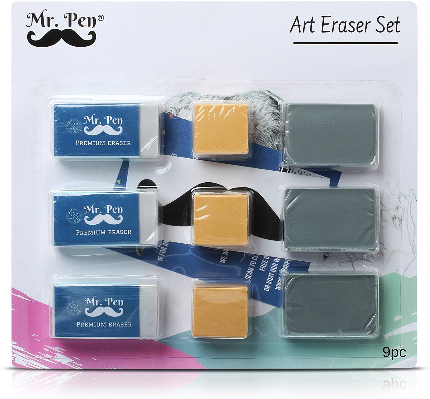 Mr. Pen Erasers, Art Eraser, Kneaded Eraser, Pack of 9, Pencil Erasers