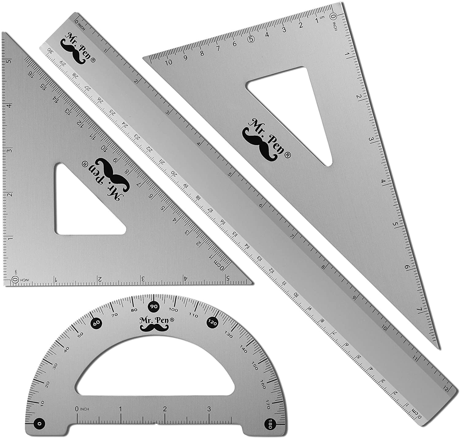 Mr. Pen - Geometry Set, 4 Pack, Metal Protractor, Aluminum Ruler, Metal Set Square, Triangle Ruler