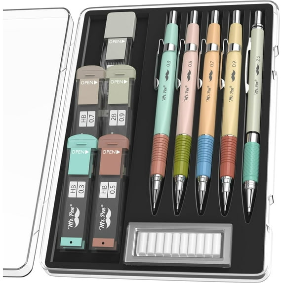 Mr. Pen- Mechanical Pencil Set, 5 Sizes, 0.3, 0.5, 0.7, 0.9, 2mm, Anti Skidding Grip Cute Mechanical Pencils, Sketching Pencils