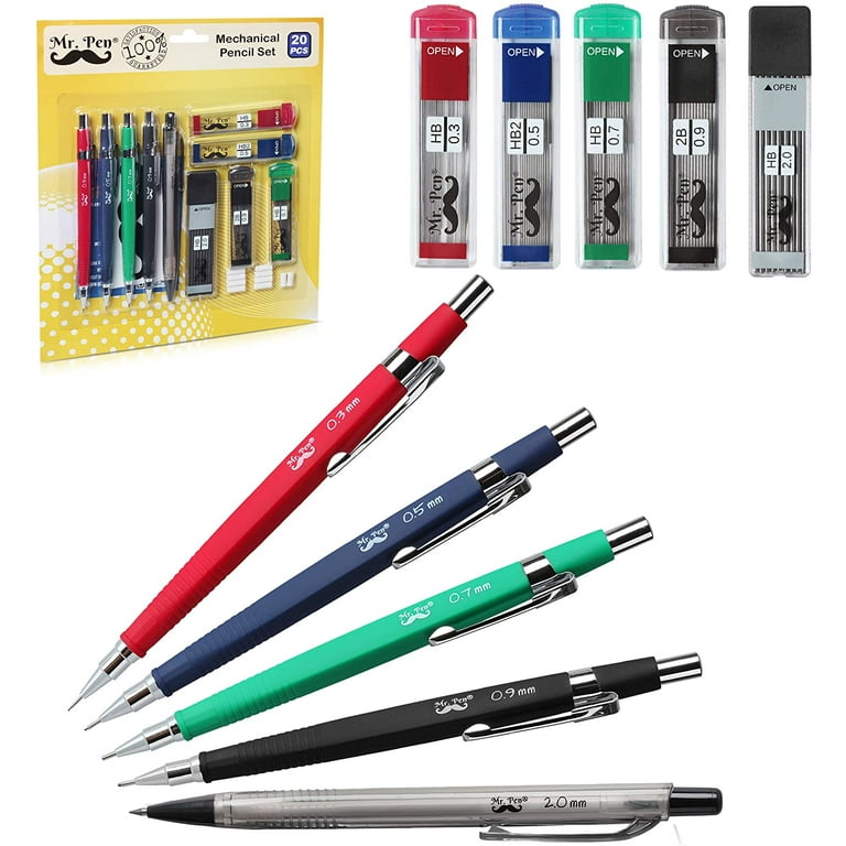 Mr. Pen Mechanical Pencils, 5 Sizes 0.3, 0.5, 0.7, 0.9 and 2 mm, Lead and Eraser Refills