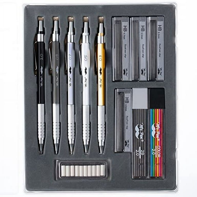 Mr. Pen Mechanical Pencils, 5 Sizes 0.3, 0.5, 0.7, 0.9 and 2 mm, Lead and Eraser Refills